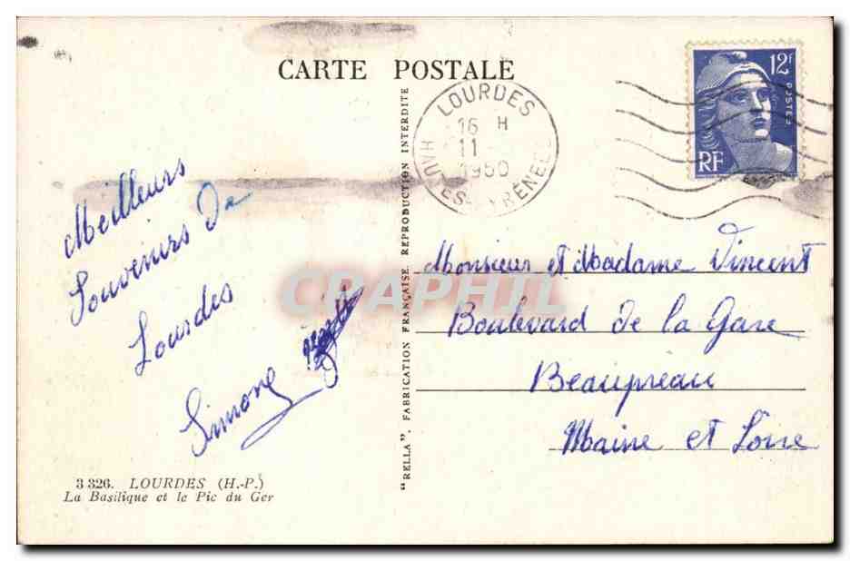 Lourdes CPA La basilique et le Pic du Ger — Verso