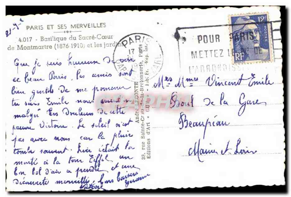 Paris CPA Basilique du Sacre Coeur de Montmartre et les jardins — Rückseite