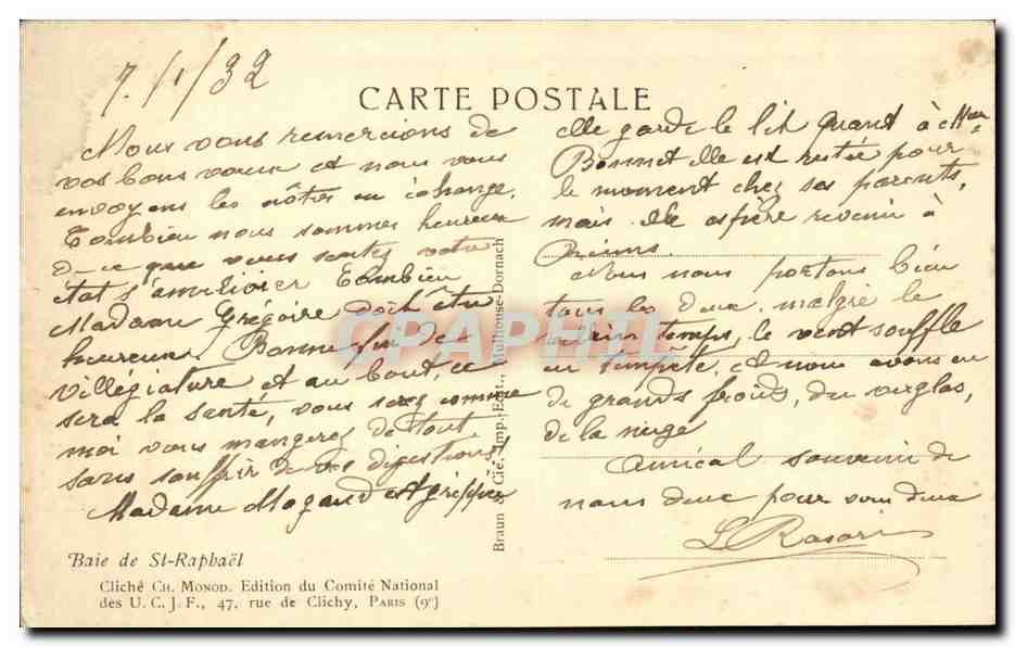 Vue côtière — Église de Saint-Raphaël — Cliché Ch. Monod, Édition du Comité National des U.C., Paris (9e) — Verso