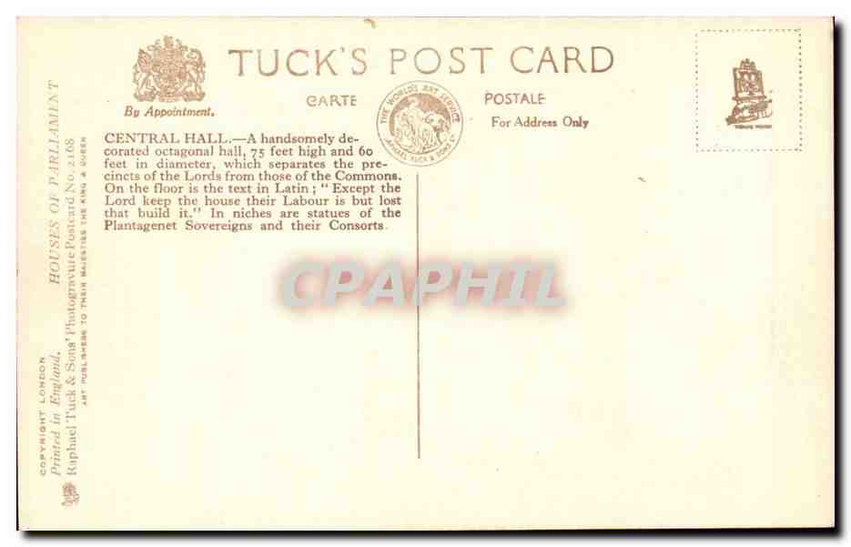 Great Britain London Londres The Houses of Parliament Central Hall — Rückseite