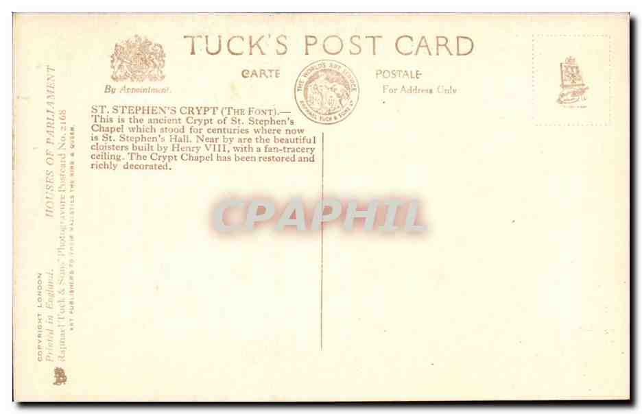 Great Britain London Londres CPA St Stephen's crypt (the font) — Verso