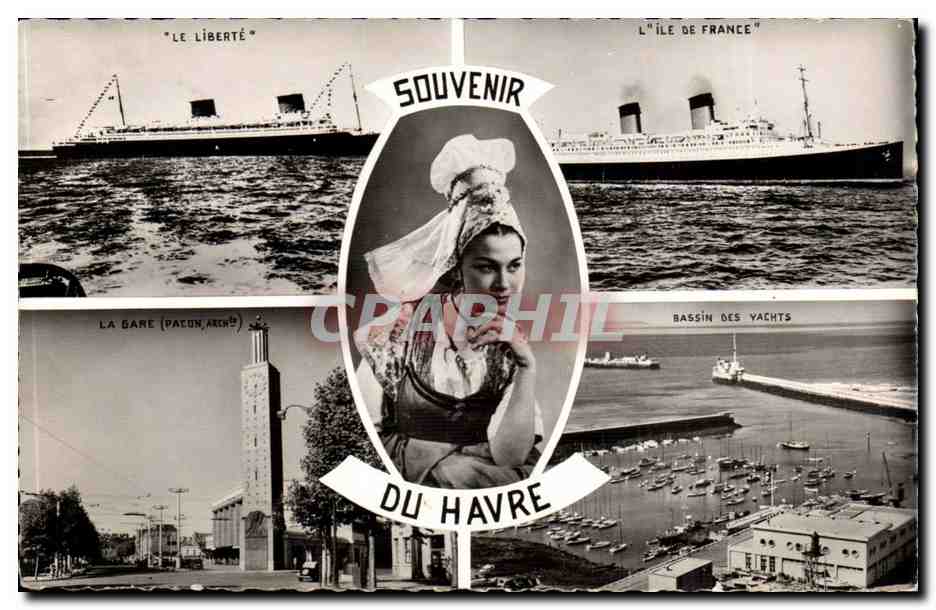 Le Havre CPA Souvenir Paquebot Le Liberte Ile de France La gare Bassin des yachts