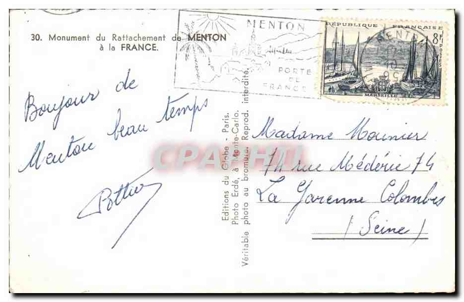 CPA Monument du rattachement de menton a la France — Rückseite
