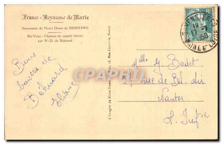 CPA Sanctuaire de Notre Dame de Behuard Ex voto chaines de captifs liberes par Bd de Behuard — Rückseite