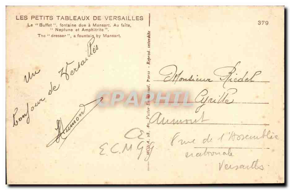 Parc de Versailles CPA Le buffet fontaine ddu a Mansart Neptune et Amphitrite — Verso