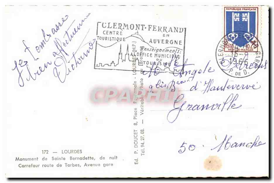 Lourdes CPA Monument de Sainte Bernadette de nuit Carrefour route de Tarbes — Verso