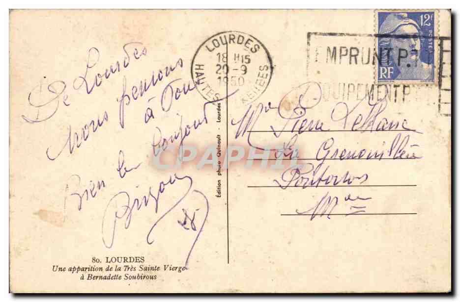 Lourdes CPA Une apparition de la Tres Sainte Vierge a Bernadette Soubirous  — Verso