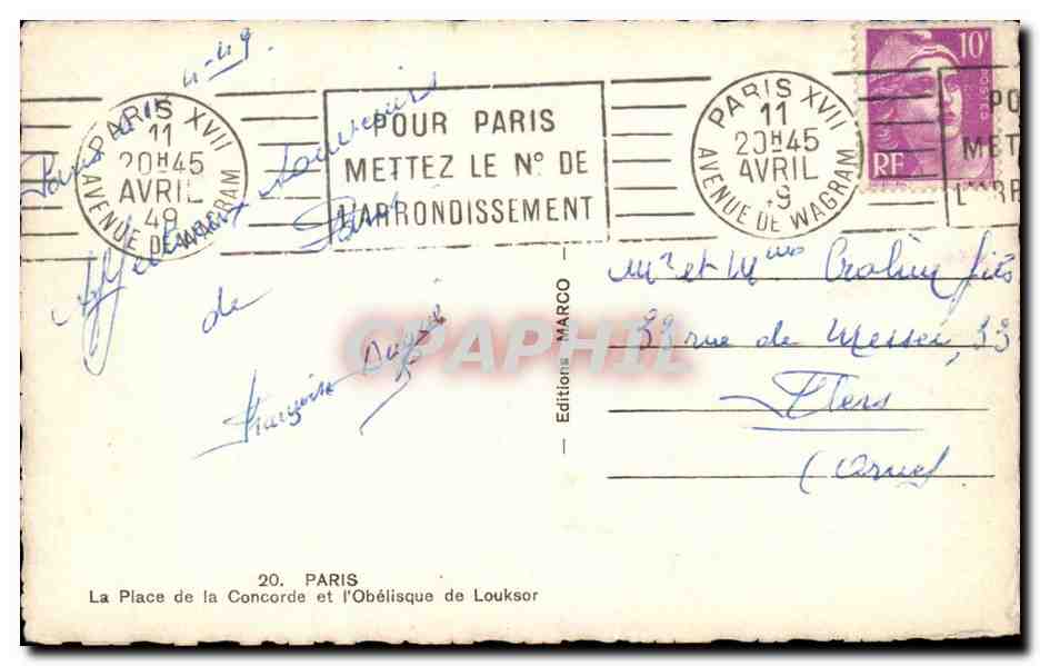 Paris CPA La place de la Concorde et l'obelisque de Louksor — Rückseite