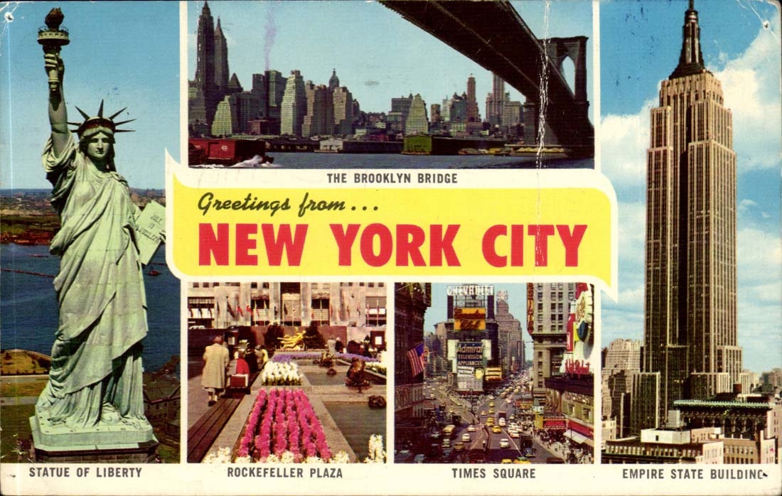Etats Unis CPM Statue of liberty Rockfeller Plaza Times Sqaure Empire State Building Brooklyn