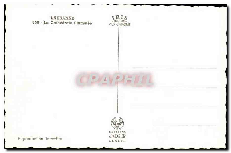 Lausanne — La Cathédrale illuminée — Éditions Jaeger, n° 658 — Verso