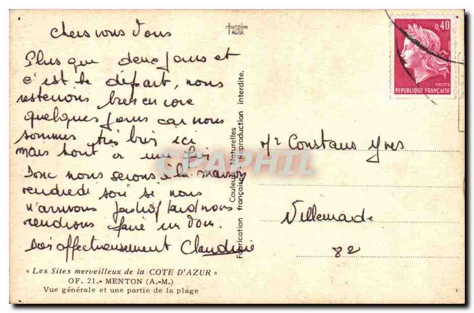 Menton CPM Vue generale et une partie de la plage — Rückseite