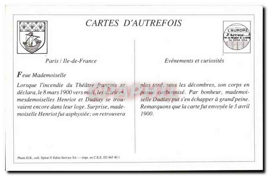 Mademoiselle Henriot — Victime de l'incendie du Théâtre Français — J. BEYAL, Édit. — Reverso