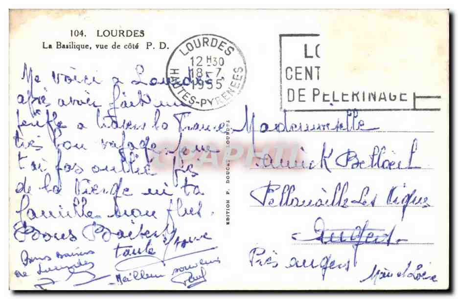 Lourdes - La Basilique vue de cote P D 1955 - CPA  — Verso