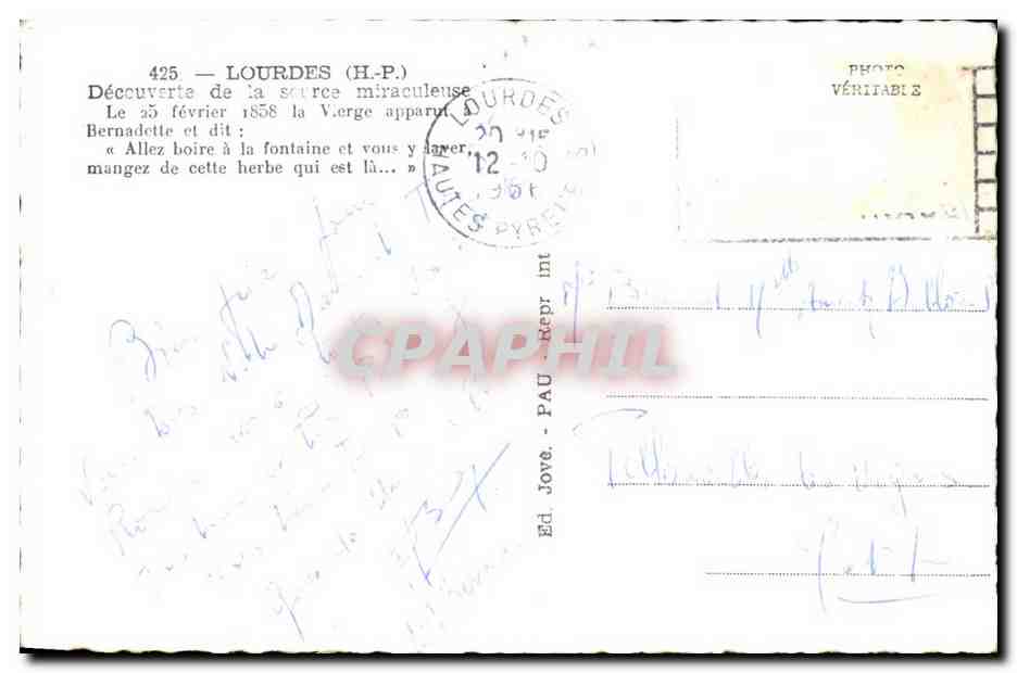 Lourdes - Decouvertes de la source Miraculeuse 1858 la vierge apparut - CPA  — Verso