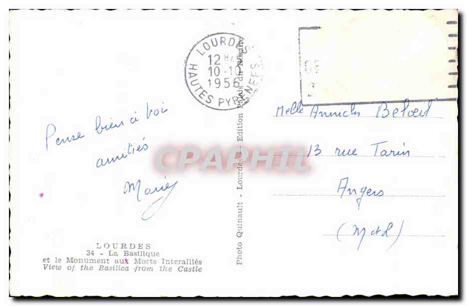 Lourdes - la Basilique - Le Monument aux Morts Interallies - CPA  — Verso