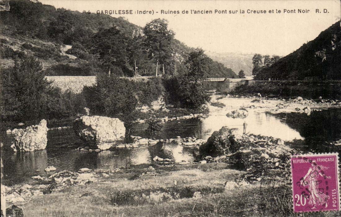 Gargilesse (Indre) — Ruinen des alten Brückens über die Creuse und der Schwarzen Brücke — R. D.