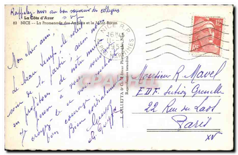 Nice - La Promenade des Anglais et le Mont Baron CPA  — Rückseite