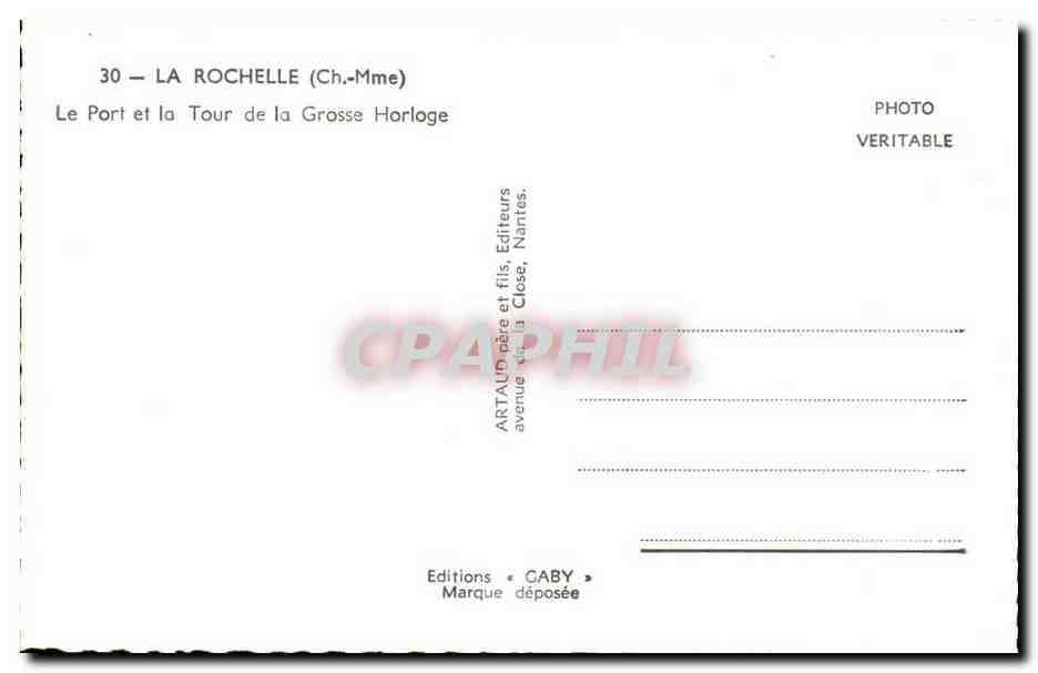 La Rochelle — Le Port et la Tour de la Grosse Horloge — Éditions Caby — Verso