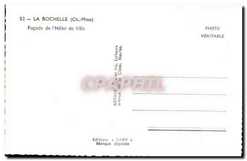 La Rochelle — Façade de l'Hôtel de Ville — Éditions Artaud et fils, Narretes — Verso