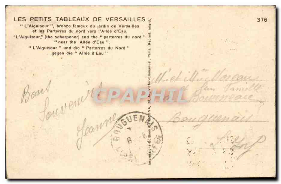 Les Petits Tableau de Versailles - L'Aiguiseur bronze fameux du jardin de Versailes et les Parterres - CPA  — Verso