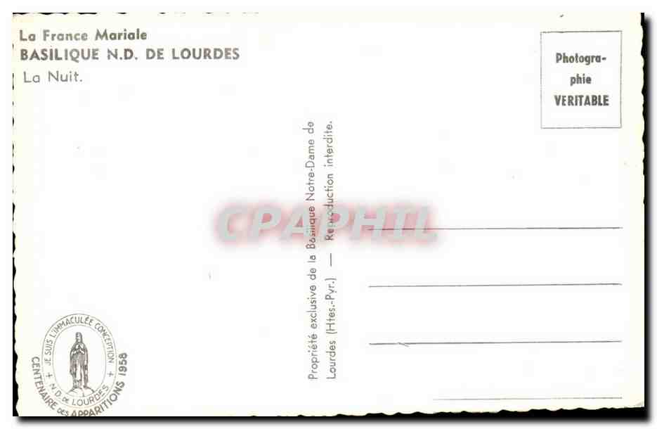 Lourdes - La France Mariale - Basilique Notre dame de Lourdes - la Nuit - CPA  — Verso