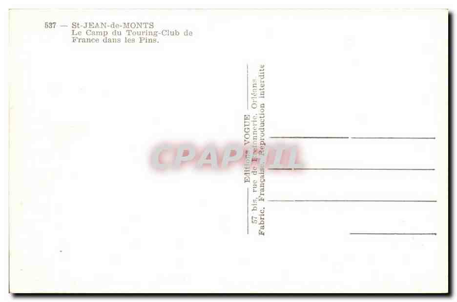 St Jean de Monts CPA Le camp du touring club de France dans les pins — Back