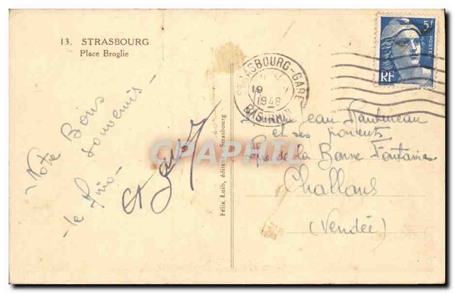 Straßburg — Place Broglie und das Nationale Theater — Verlag Félix Laut, n°13 — Rückseite