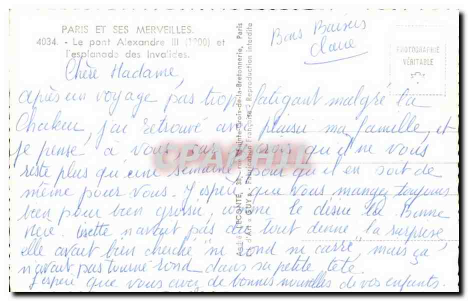 Paris CPA Le pont Alexandre III et l'esplanade des Invalides — Verso