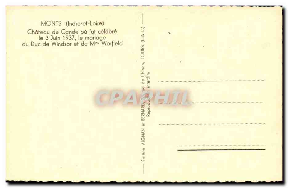 Monts CPA Chateau de Conde mariage de Windsor 3 juin 1937 et de Mme Warfield — Rückseite