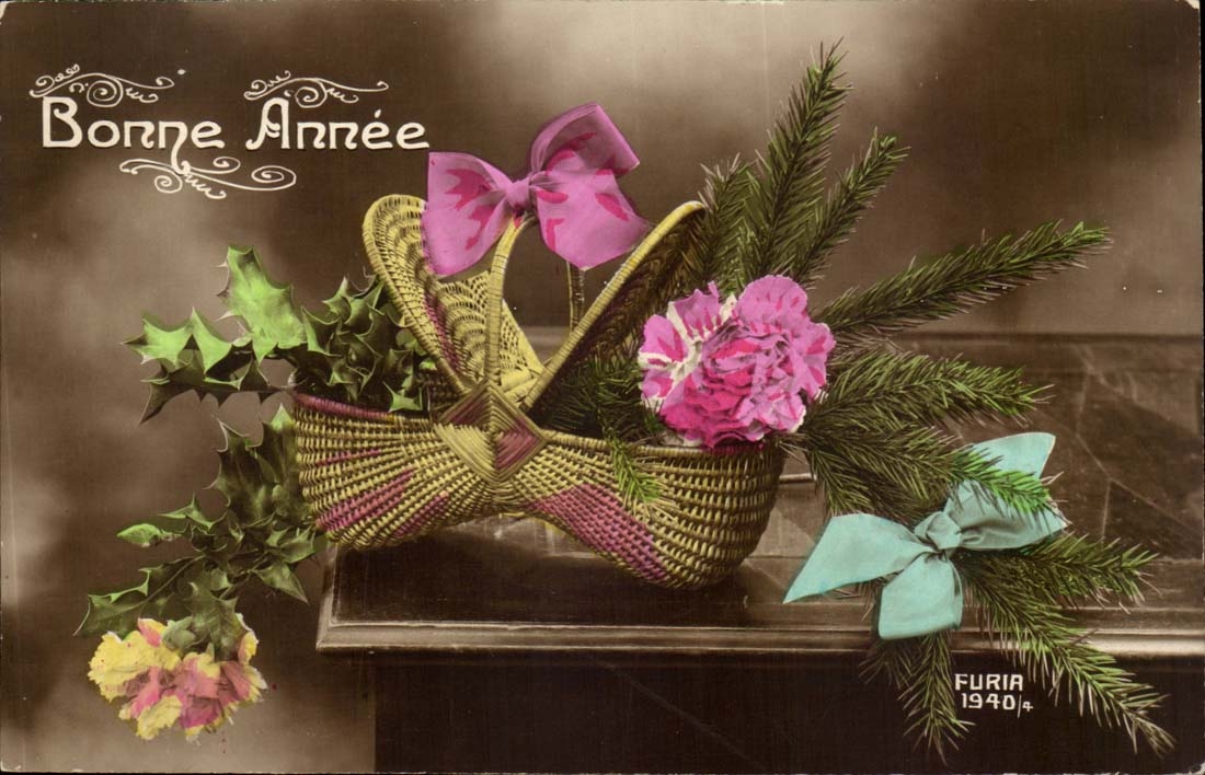 fantaisie - Fete ' Bonne Anne - Panier - Basket filled to the brim with holly flowers and pine branches - CPA 