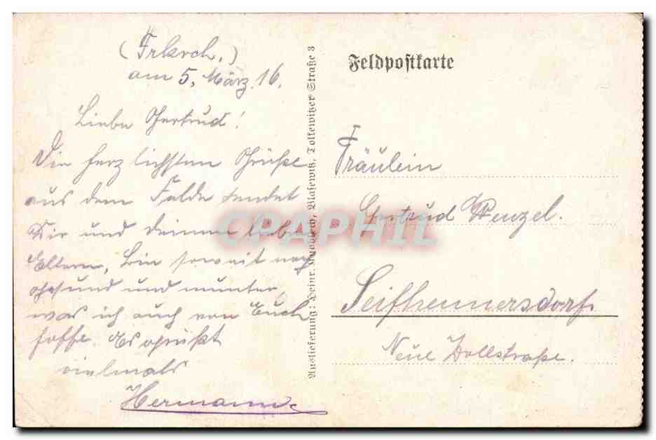 Vue de rues dévastées — Feldpostkarte — Fréteval, 5 mars 1916 — Verso