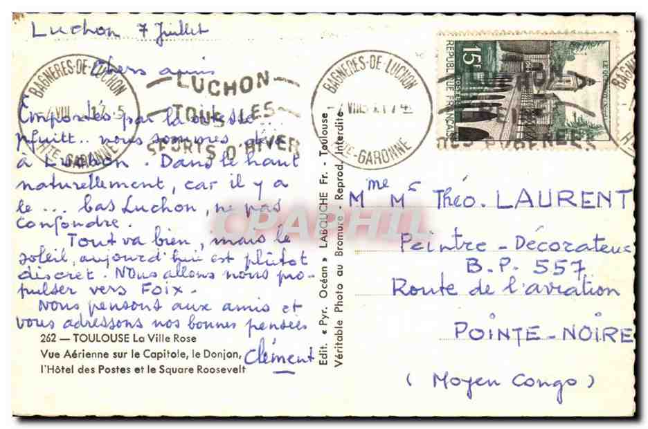 Vue Aérienne sur le Capitole, le Donjon, l'Hôtel des Postes et le Square Roosevelt — Toulouse — Édit. « Pyr. Océan » — Verso