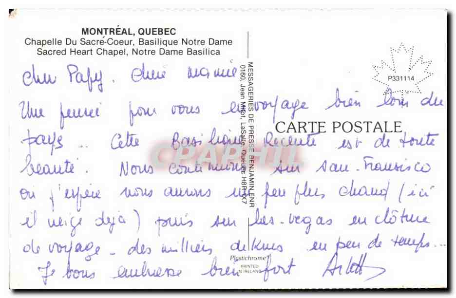 Canada CPM Montreal Chapelle du SAcre Coeur Basilique Notre Dame  — Rückseite