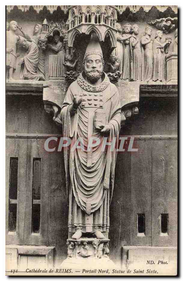 Reims - La Cathedrale - Portail Nord Satue de Saint Sixte - CPA 