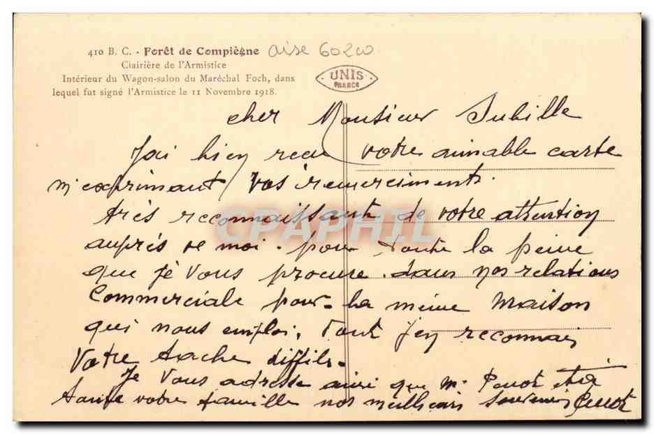 Compiegne - Clairirer de L'Armistice - Interieur du Wagon saon du Marechal Foch - CPA  — Rückseite