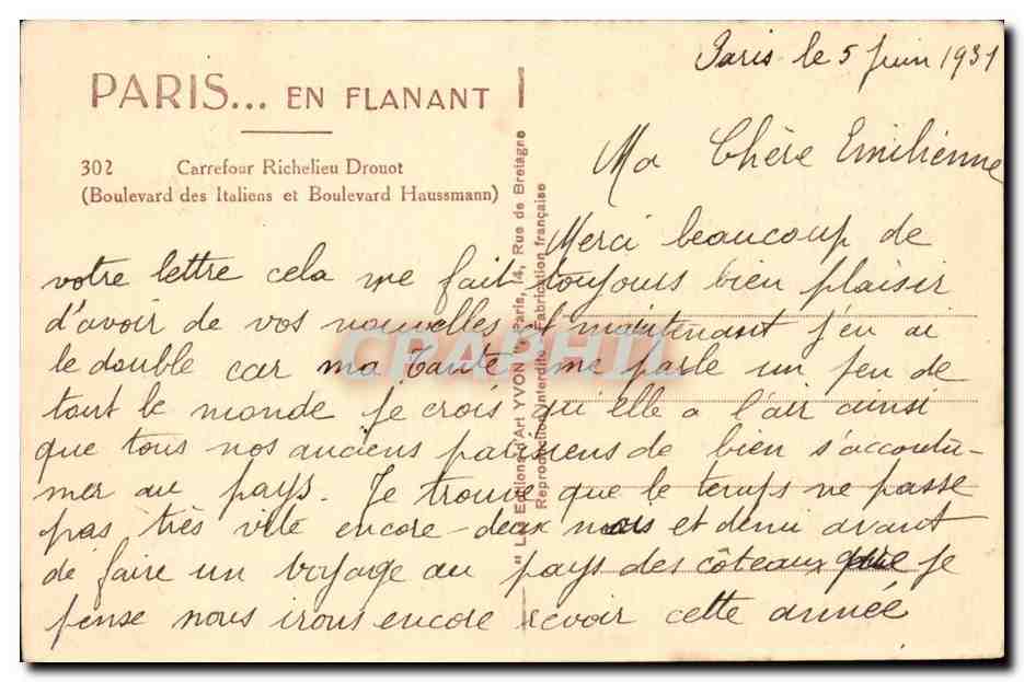 Paris 8 -- Carrefour Richelieu Drouot - Boulevard des Italians et Boulevard Haussman- CPA  — Verso