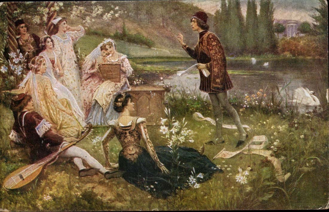Scène de jardin avec musicien — illustration — éditeur inconnu, n° de série 62
