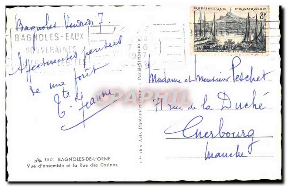 Bagnolles-les-Eaux — Vista general y la Rue des Casinos — AD 1013, editada por Arts Photomécaniques — Reverso