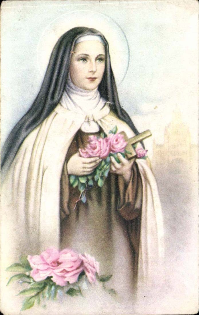 Saint Thérèse von Lisieux — Darstellung in Nonnenkleidung mit Kreuz und Rosen — Druckerei CPAPHIL