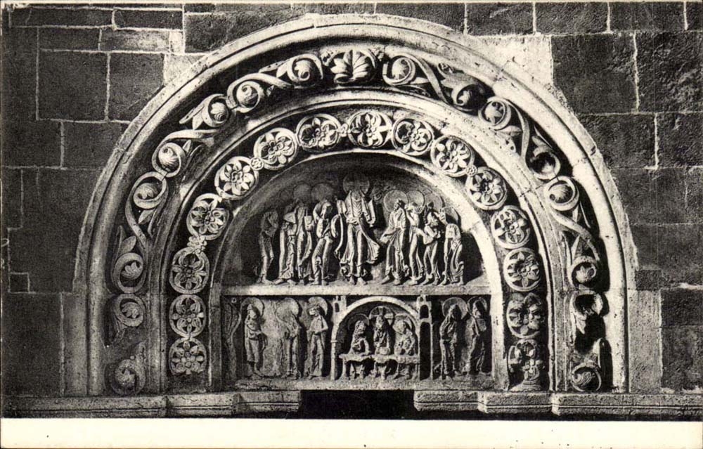 Vézelay - Basilika Sainte-Madeleine - Linke Tür des Naïthex, Begegnung des auferstandenen Christus mit den Jüngern von Emmaus
