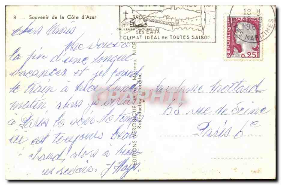 CPA Souvenir de la Cote d'azur Palais de Monaco Menton Cannes Vence Nice Juan les Pins L'Esterel — Rückseite