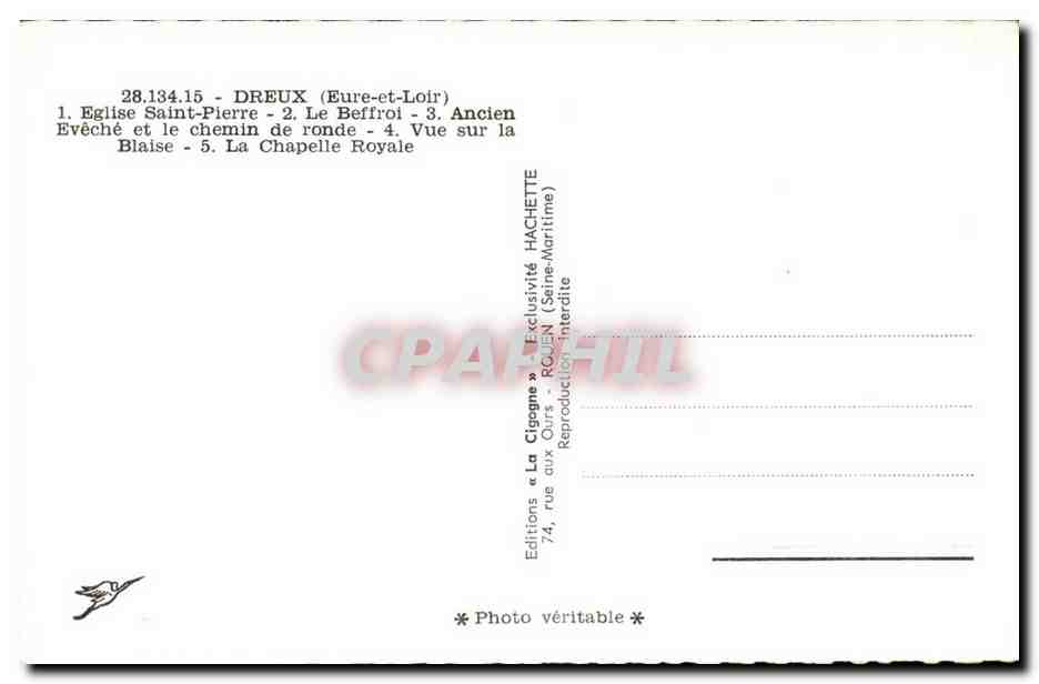 Dreux (Eure-et-Loir) — Collage de 5 vues — Éditeur D. Dreux, n° 28.134.15 — Reverso