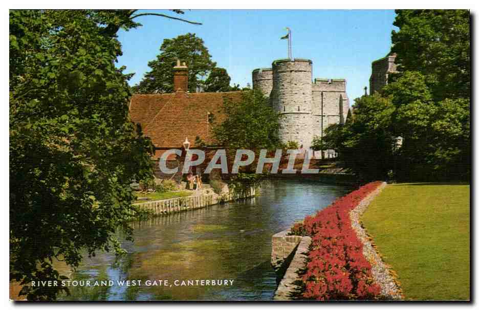 River Stour und West Gate, Canterbury — Blick mit Schloss und roten Blumen — Salmon Cameracolour
