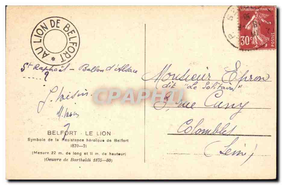 Belfort CPA Le lion Oeuvre de Bartholdi — Verso
