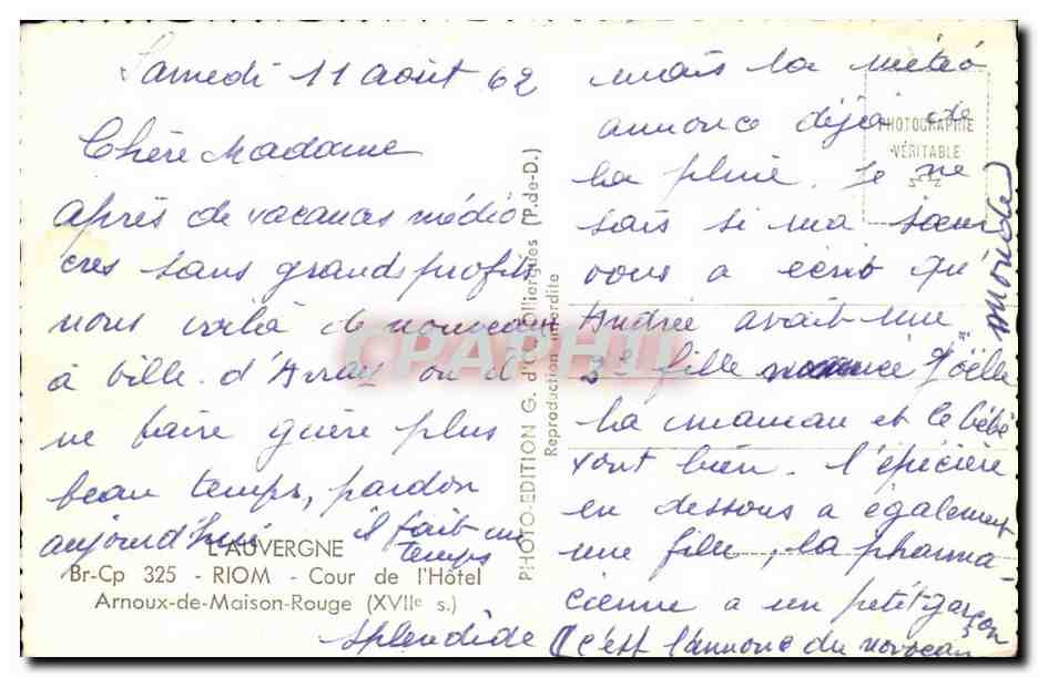 Auvergne CPA Riom Cour de l'hotel Anoux de Maison Rouge — Verso