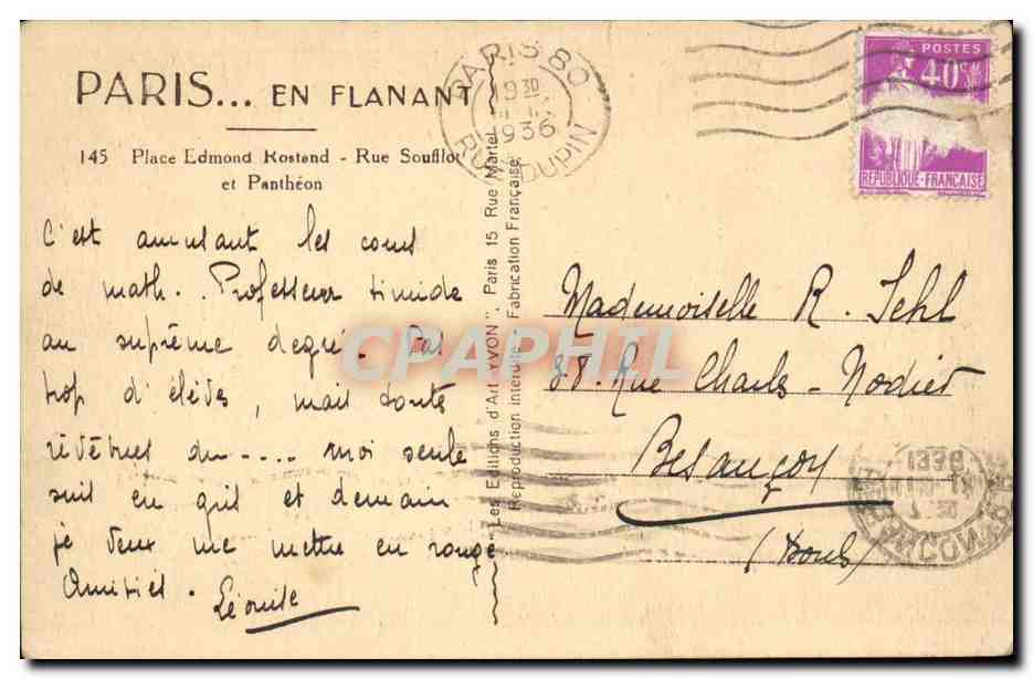 Paris CPA Place Edmon Rostand Rue Soufflot et Pantheon — Rückseite