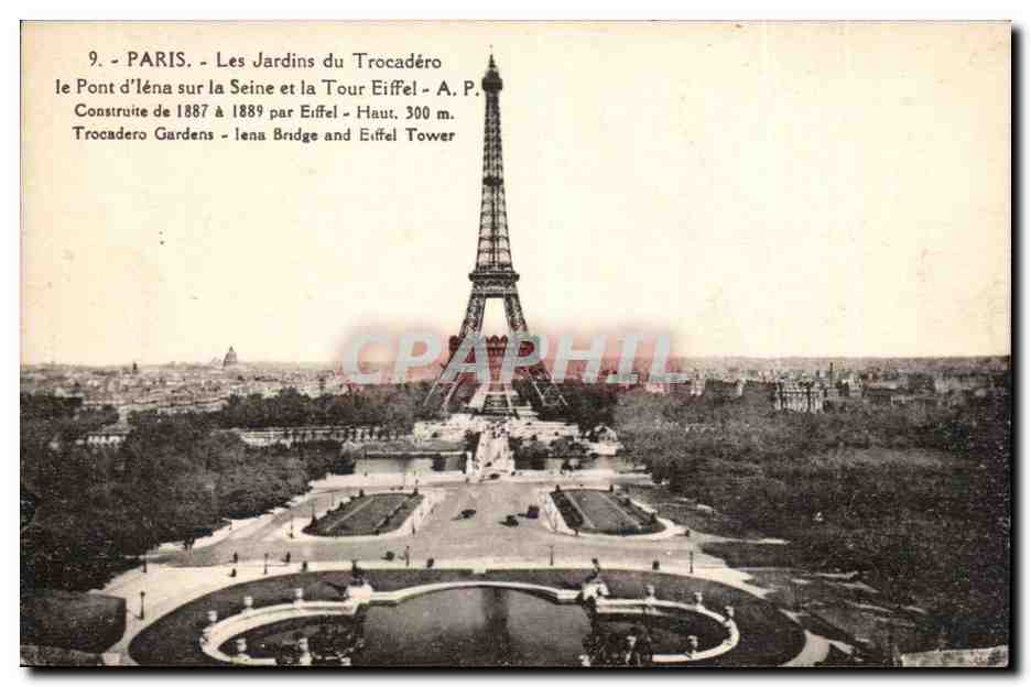 Paris CPA Tour Eiffel Les jardins du Trocadero Pont d'Iena