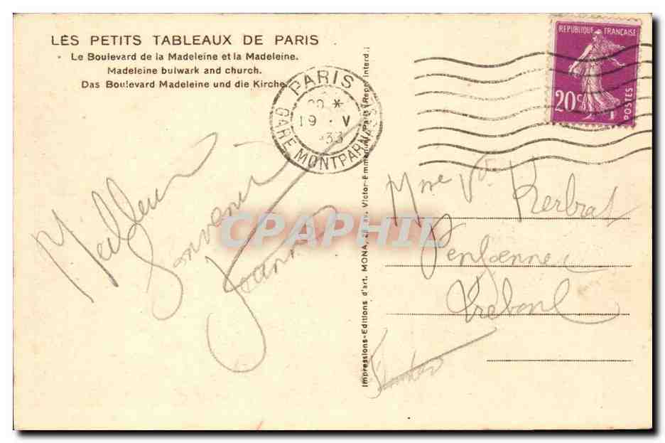 Paris CPA La boulevard de la Madeleine et la Madeleine — Rückseite