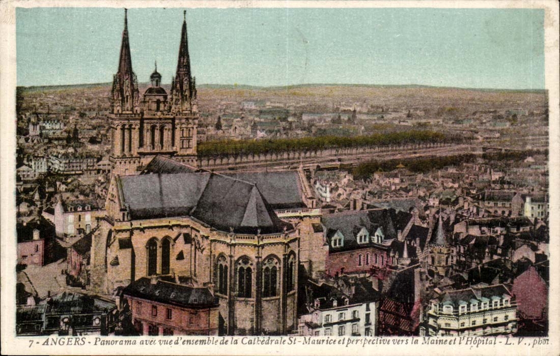 Angers CPA Panorama avec vue d'ensemble de la cathedrale St Maurice et perspective vers la Maine et l'hopital