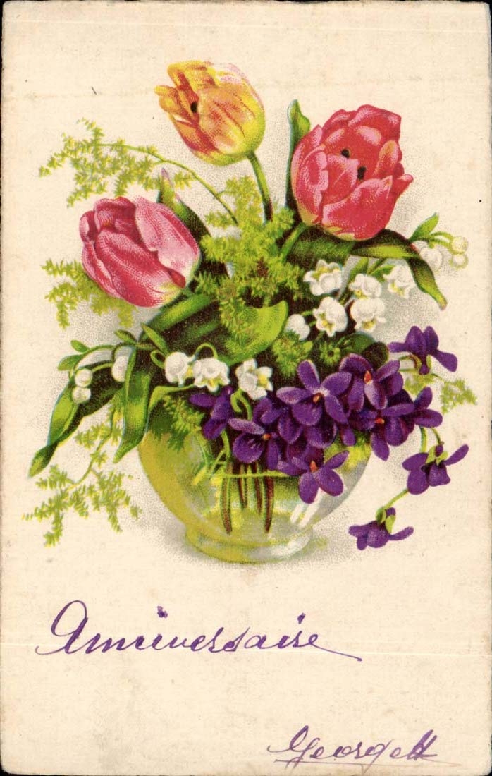 CPA Fantaisie Anniversaire Fleurs